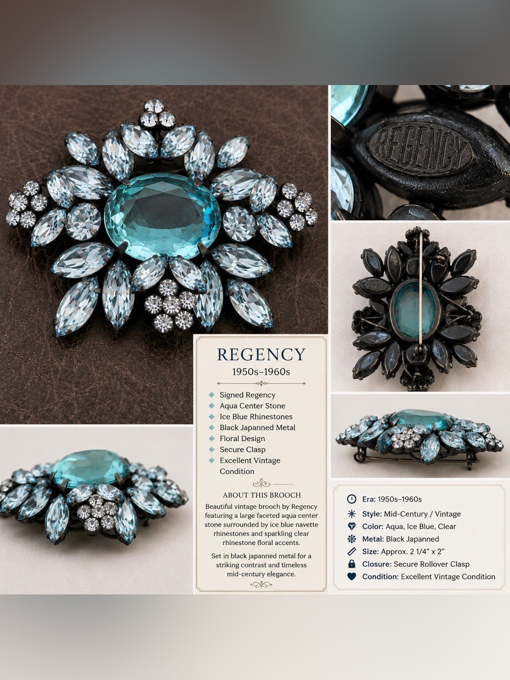 Regency Aqua and Ice Blue Rhinestone Floral Brooch